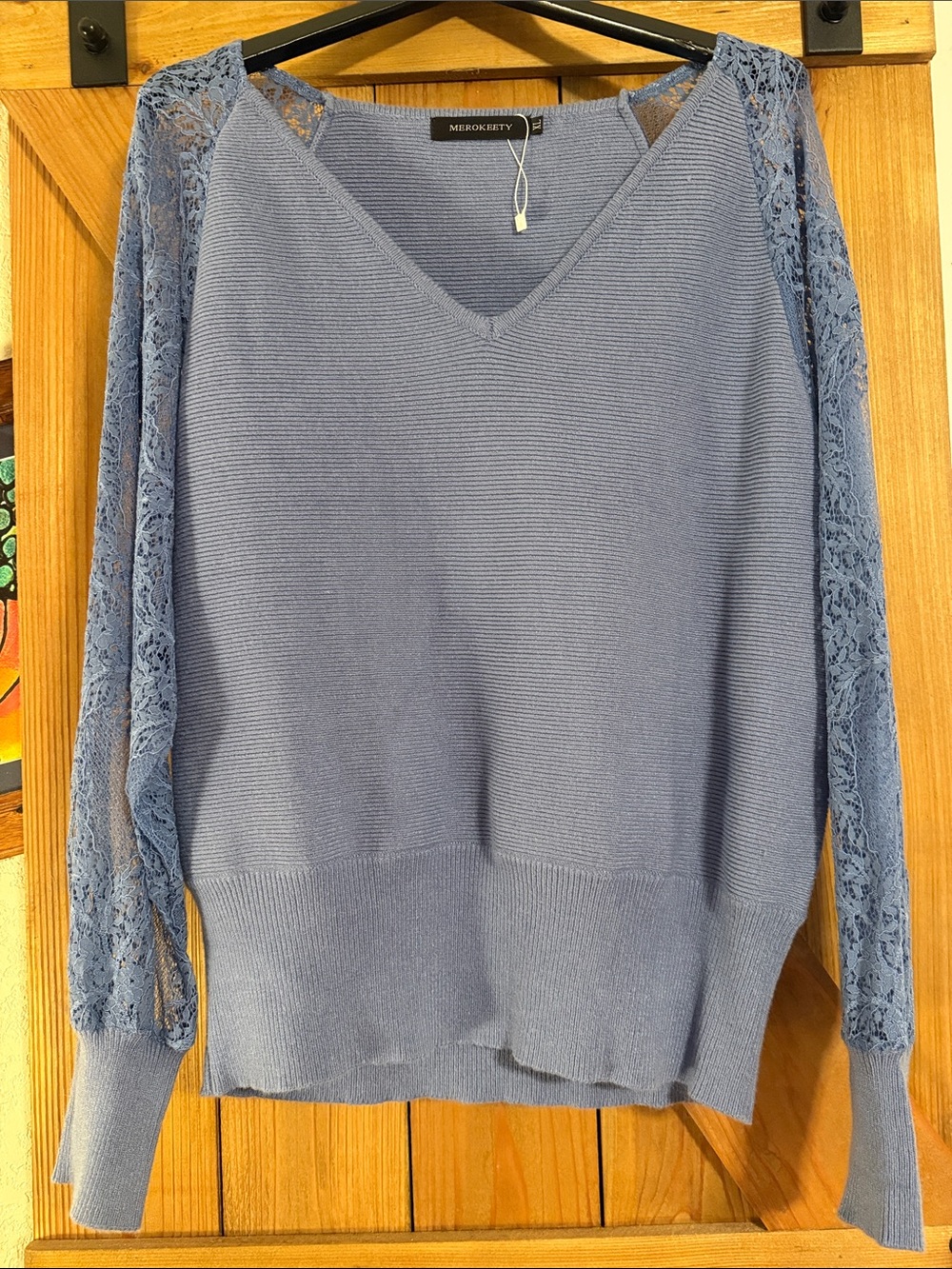 Merokeety  Blue Lace-Sleeve V-Neck Sweater